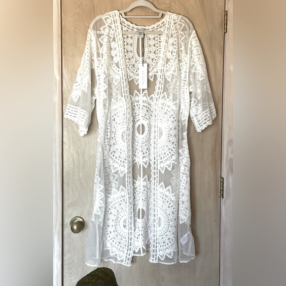 RACHEL ZOE Sheer Embroidered Kimono OS Cover-Up White Boho Beach Caftan - Picture 1 of 15